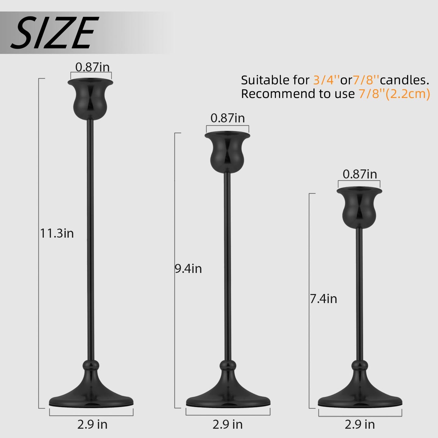 Metal Candle Holder Taper Candlestick Holders for Candle Sticks Vintage Candelabra for Halloween Thanksgiving Christmas (Matt Black, 2 Sets (6 pcs))