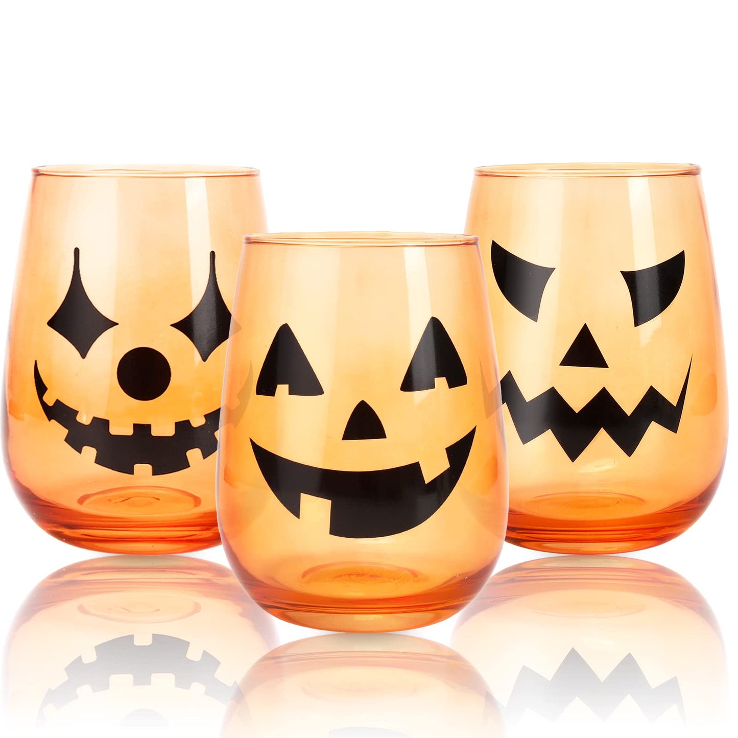 Whaline 3 Pieces Halloween Stemless Wine Glasses 17Oz Clear Orange Jack-O-Lantern Drinking Glasses Spooky Expressions Tumbler Cups for Halloween Party Birthday Housewarming Gifts Cocktail Beverage