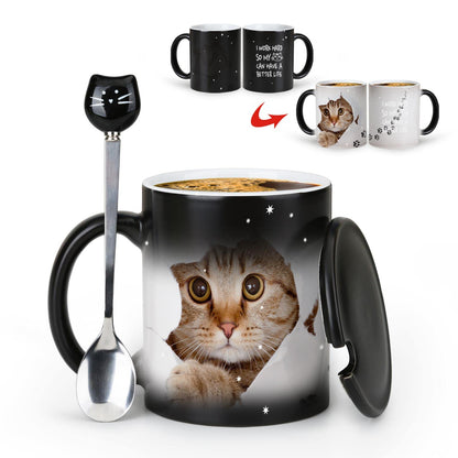 MUGKISS Color Changing Coffee Mug 11oz - I Work Hard So My Cat Can Have a Better Life - Halloween Cat Cup With Black Lid and Head Spoon, Gifts for Birthday, Christmas