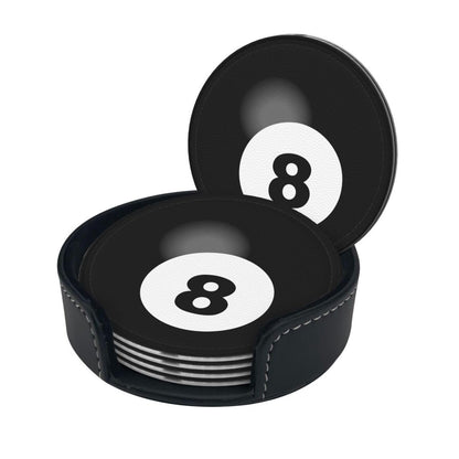 BOXIMIAO Drink Coasters with Holder Stand Set of 6, Billiard Ball Black 8 Pu Leather Absorbent Coasters with Cork Base Table Coaster Round Coasters for Housewarming Apartment Kitchen Bar Decor