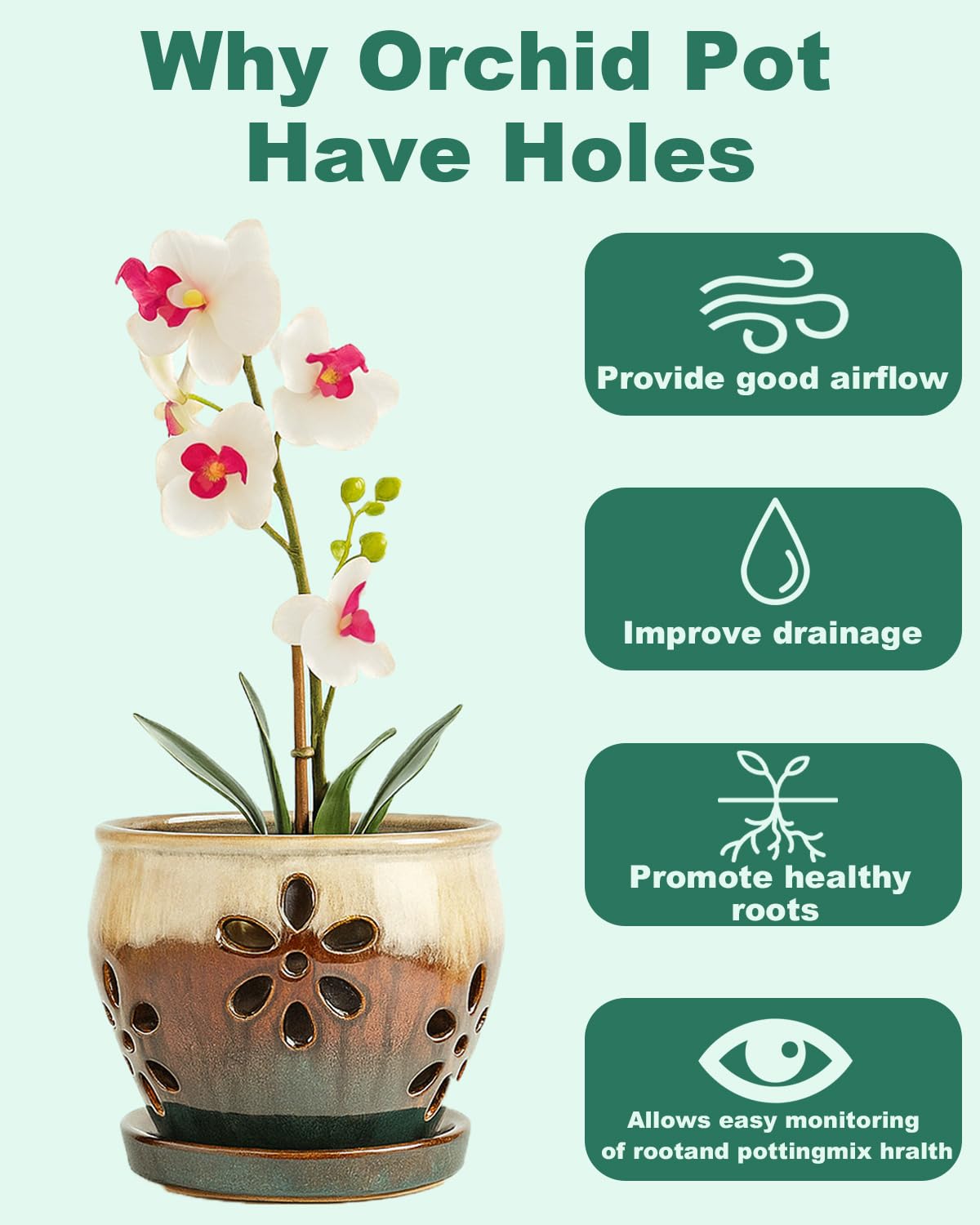 vensovo 4 Inch Ceramic Orchid Pots with Drainage Holes and Saucers, 2 Pcs Small Planters for Orchids Succulents, Indoor Outdoor Ceramic Flower Pots for Healthy Root Growth (Olive Green, Green Mixed)