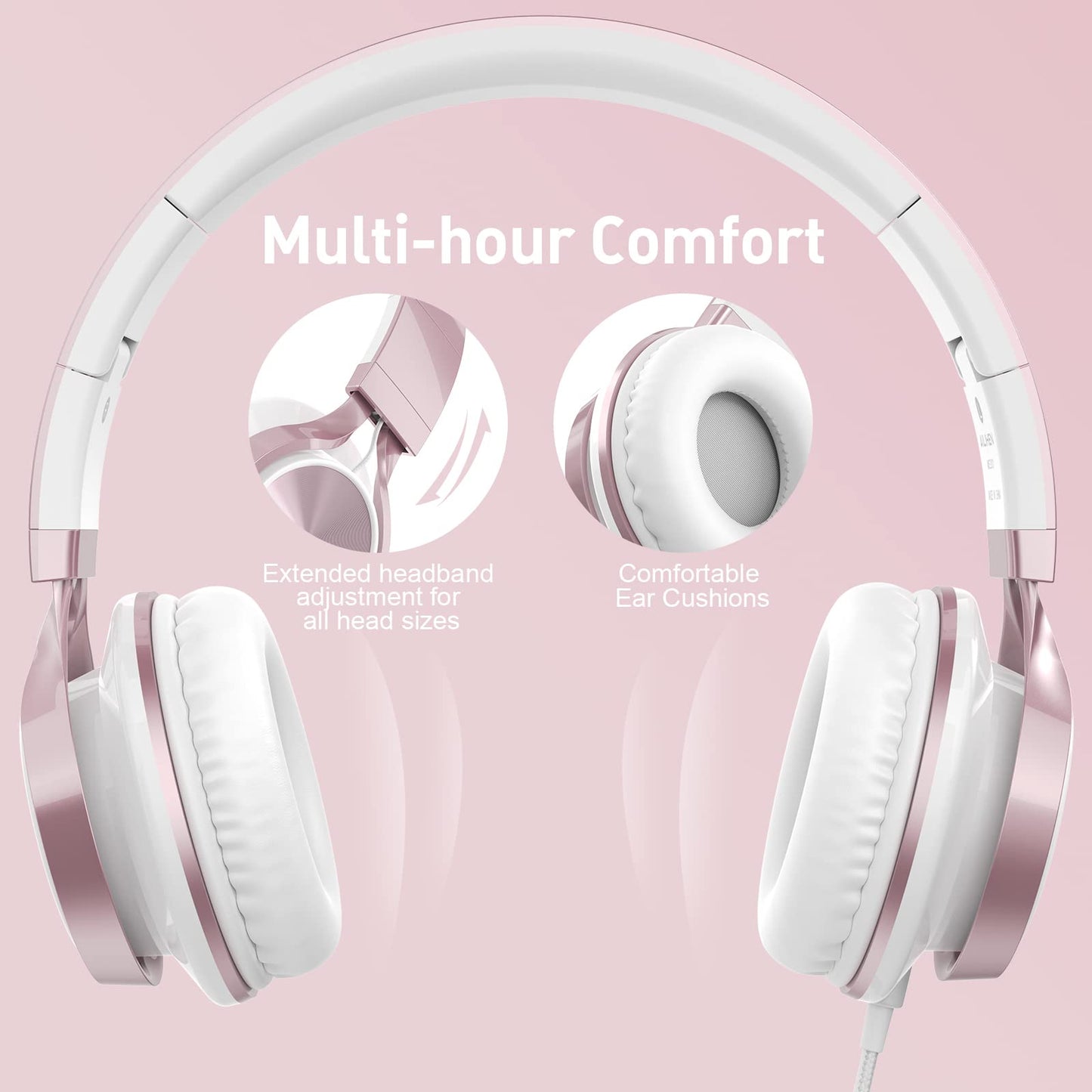 AILIHEN Wired Headphones with Mic, Girls Headphones for School, On-Ear Headsets for Chromebook Laptop Computer, Foldable Adjustable Teen Kids, Plug in Corded Headsets with 3.5mm Jack (Rose Gold)