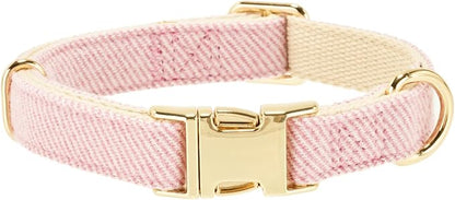 Luxury Soft Cotton Tweed Fabric Dog Collar & Leash Set with Gold Buckle – Durable Fabric, Stylish Design for Everyday Walks(Large Pink)