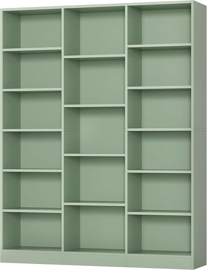 FACBOTALL Triple Wide Bookshelf, 6 Tier Large Bookshelf, Bookcase with 17 Open Display Shelves, 74'' Tall Bookcases and Bookshelves for Living Room, Home Office, Library, Green