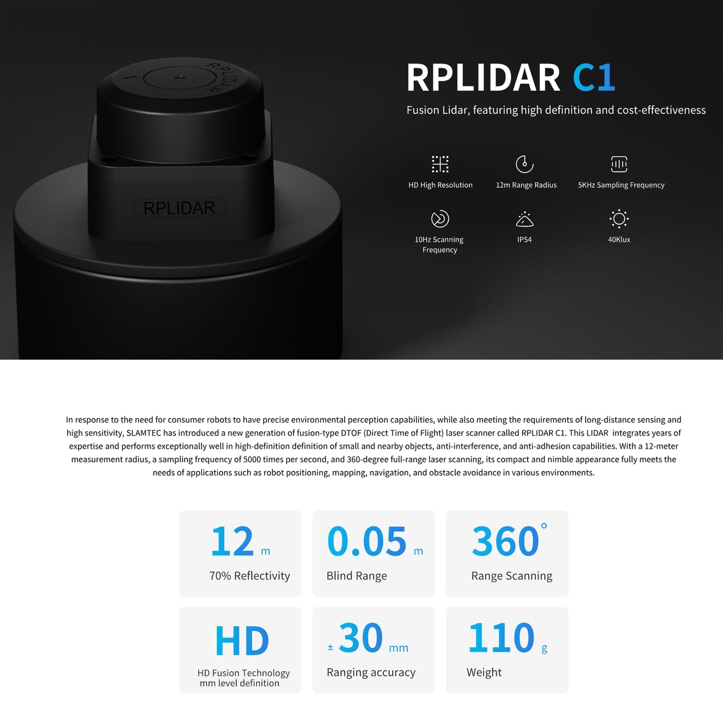 youyeetoo RPLIDAR C1 Fusion Lidar DTOF Laser Scanner - 360-Degree Full-Range 12-Meter Laser Scanner for Robot Projects Involving Positioning, Mapping, Navigation, and Obstacle Avoidance