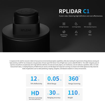 youyeetoo RPLIDAR C1 Fusion Lidar DTOF Laser Scanner - 360-Degree Full-Range 12-Meter Laser Scanner for Robot Projects Involving Positioning, Mapping, Navigation, and Obstacle Avoidance