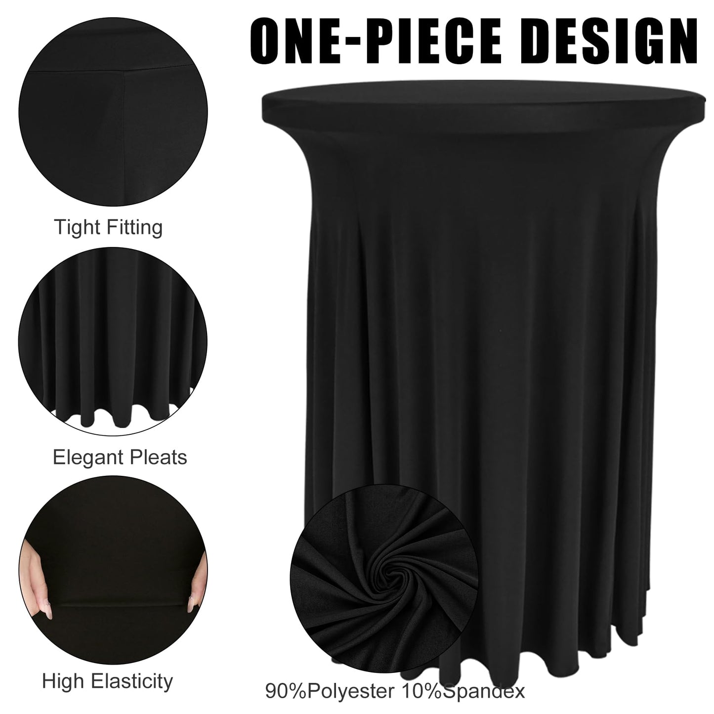 Spandex Cocktail Table Skirt 32"x 43" Black Stretch Cocktail Table Cover, Washable Round High Top Tablecloth for Bar, Wedding, Party, Events (Black)