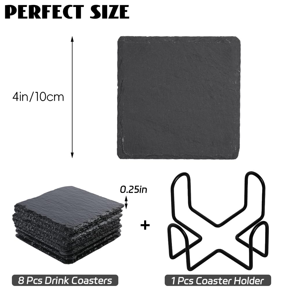 Black Slate Coasters for Drinks, Cup Coaster Set of 8 with Metal Holder, Coffee Cup Beverage Wine Beer Coasters for Home Office Bar Decor (Square)