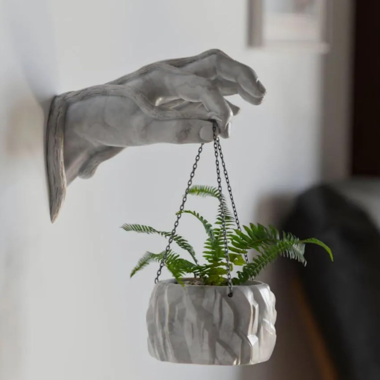 TIME&TRAVE Hanging Wall Hand Flower Pot Planter - Imitation Marble Wall Mount Planters for Succulents, Cactus, Faux Plants and More Green Plant