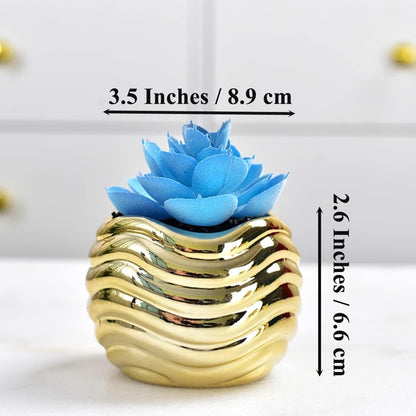 ROSE CREATE 4pcs 3.5 Inches Gold Mini Succulent Ceramic Pots Holder with 4pcs Bamboo Trays, Small Simple Golden Porcelain Plant Cactus Flower Holder Decorative Planters, Plants Not Included