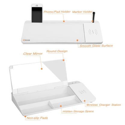 SELEAD Desktop Glass Whiteboard with Wireless Charger Station & Built-in Mirror, Dry Erase Board Computer Pad Keyboard Stand with Organizer for Home, School, Office Desk Accessories, White