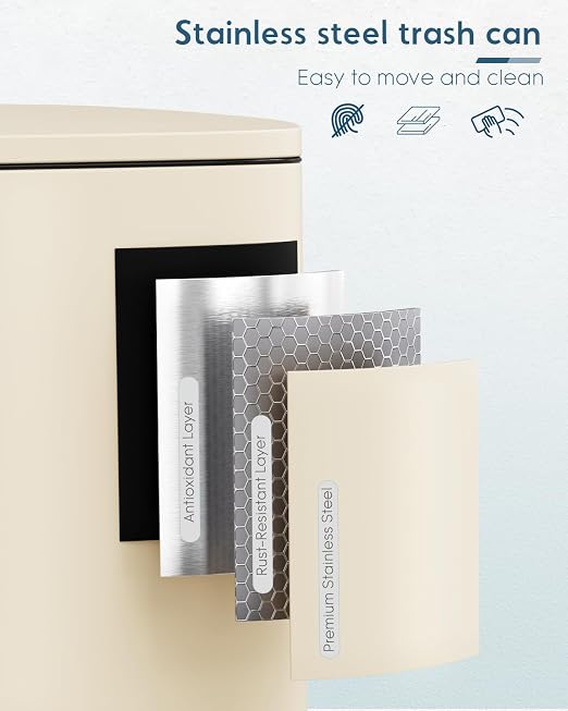 Arlopu 13.2+1.3 Gallon Step Trash Can, Stainless Steel Garbage Bin, Soft-Close Rubbish Bin with Removable Plastic Inner Bucket, Fingerprint-Proof, Lid Dustbin, for Kitchen Home (Beige)