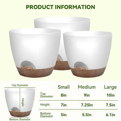Nuotuv 8/9/10 Inch Large Self Watering Pots, Plastic Flower Pots with Multi Mesh Drainage Holes and Water Level Indicator & Deep Reservoir for Indoor Outdoor Garden Plants and Flowers (White)