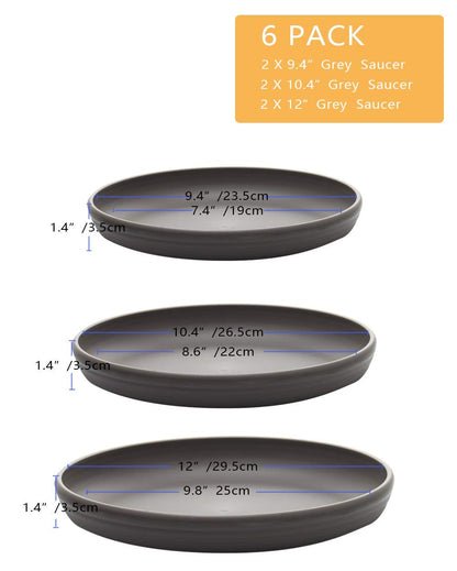 SAROSORA Round Plastic Plant Saucer Drip Tray Set of 6 for Indoor Outdoor Home Garden Flower Plant Container Flower Pot Pallets ((9.4''+10.4"+12'') x2, Dark Grey)