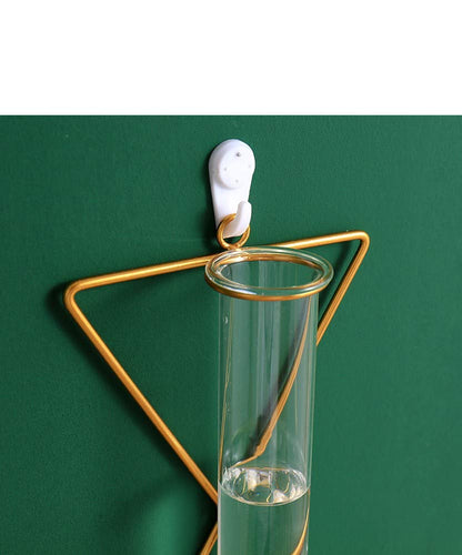 2 Pack Nordic Wall Vase,Gold Geometric Vase Hanging Hydroponic Planter,Wall-Mounted Metal Glass Tube Bud Vase Decorative for Centerpieces Wedding Home Decor(Gold 5)