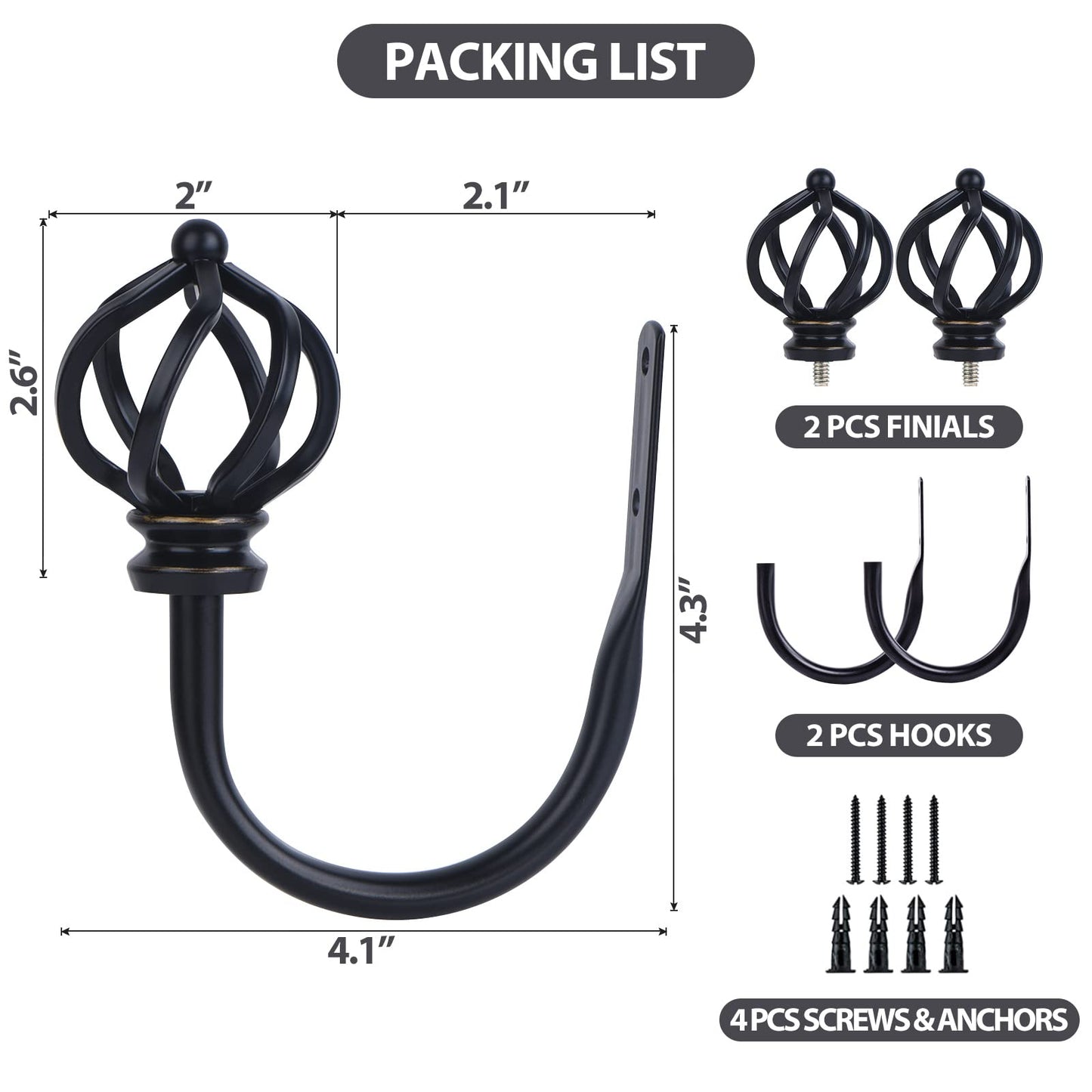 KAMANINA Decorative Curtain Drapery Holdbacks for Wall, Black Curtain Tiebacks Holders with Screws Wall Mounted for Drapes Window Home Decoration, Twisted Cage Finials, 1 Pair/2 Pack, Small
