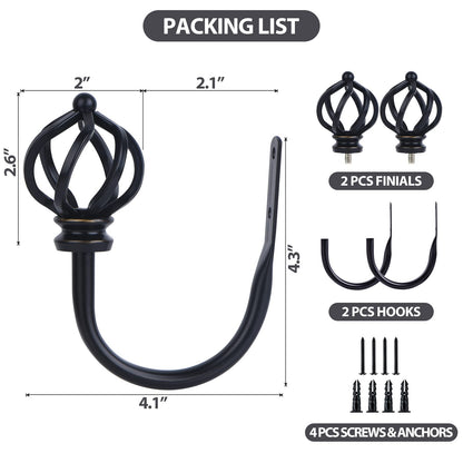 KAMANINA Decorative Curtain Drapery Holdbacks for Wall, Black Curtain Tiebacks Holders with Screws Wall Mounted for Drapes Window Home Decoration, Twisted Cage Finials, 1 Pair/2 Pack, Small