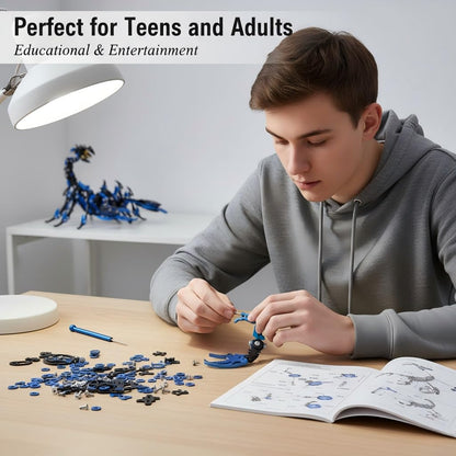 Scorpion 3D Metal Puzzles for Adults, 454PCS Stainless Steel DIY Mechanical Metal Model Kits, No Glue Assembly with Movable Joints, Challenging Metal Building Kit Desk Decor Gift(Blue-Black)