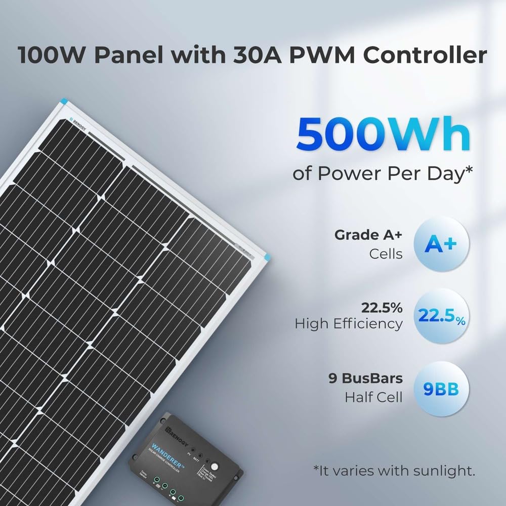 Renogy 100W 12V Solar Panel Starter Kit, 100 Watt Monocrystalline Solar Panel, 30A LCD PWM Charger Controller, Adaptor Kit, Tray Cables, Z Brackets for RV, Camper, and Other Off Grid Applications