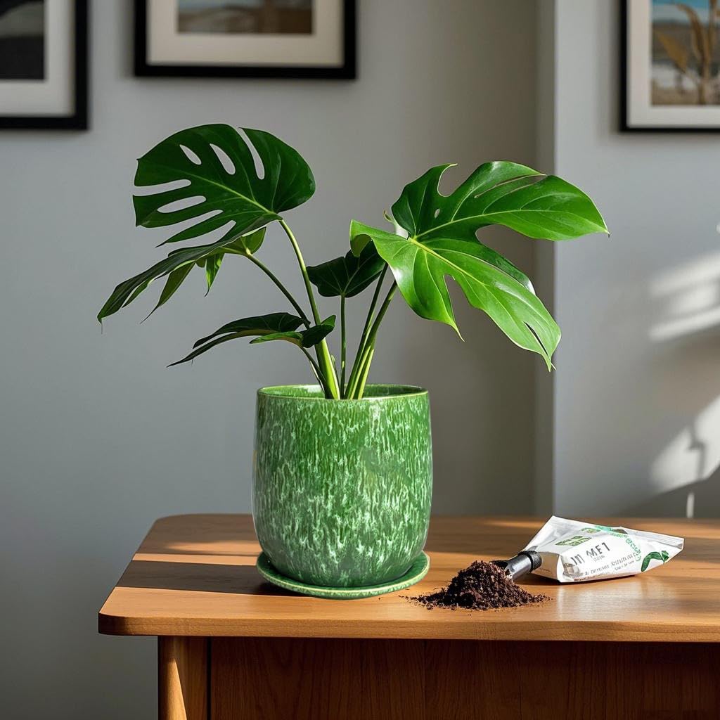 Chralji GIFTWARE 6 in Ceramic Plant Pot with Saucer，Indoor Plant Pot for Plants, Flower Pot with Drainage，Reactive Glaze Green