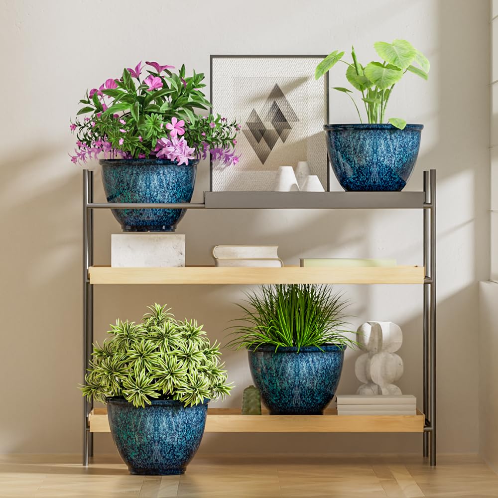 Vanslogreen 8 Inch Glazed Plastic Plant Pots, Set of 4 Planters with Drainage Holes - Indoor/Outdoor Flower Pots for Succulents, Herbs, Home Decor(Blue)