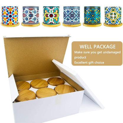 Ascrafter 6 Pack Mandala Succulent Plant Pot with Bamboo Trays, Ceramic Multicolored Succulent Container Planter Pot for Small Plant