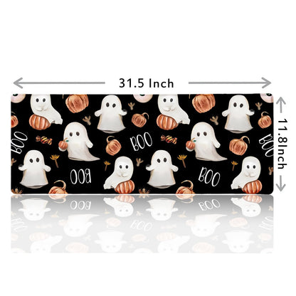 HUOCAIREN Boo Happy Halloween Large Mouse Pad, Cute Ghosts Black Desk Pad, Ripe Pumpkins Desk Mat, Computer Gaming Mouse Pad, Non-Slip Mousepad Playmat with Stitched Edges for Gamer Home & Office