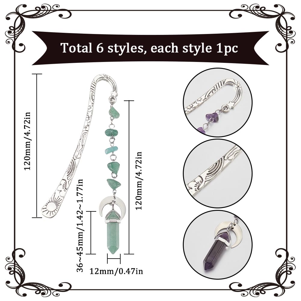 SUNNYCLUE 6Pcs Stone Bookmarks Charm Book Marks Antique Silver Metal Alloy Vintage Natural Synthetic Gemstones Crystal Dangle Pendant Hook Book Makers for Books Teacher Friend Reading Accessories