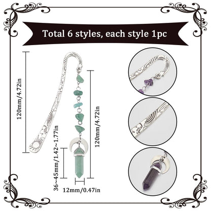 SUNNYCLUE 6Pcs Stone Bookmarks Charm Book Marks Antique Silver Metal Alloy Vintage Natural Synthetic Gemstones Crystal Dangle Pendant Hook Book Makers for Books Teacher Friend Reading Accessories