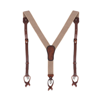 Tourbon Leather Suspenders for Men Y Back Shape Elastic Webbing Adjustable Brown Wedding Groomsmen with Interchangeable Clips