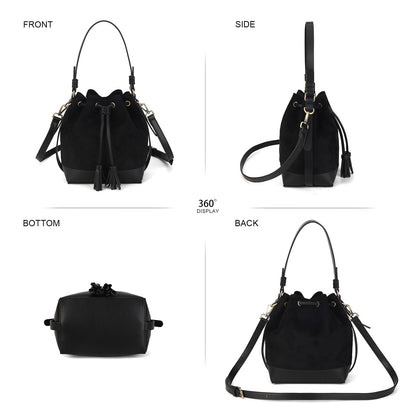AFKOMST Faux Suede Bucket Bags and Drawstring Crossbody Boho Purse for Women Medium Hobo Handbags with 2 Shouder Straps (Black)