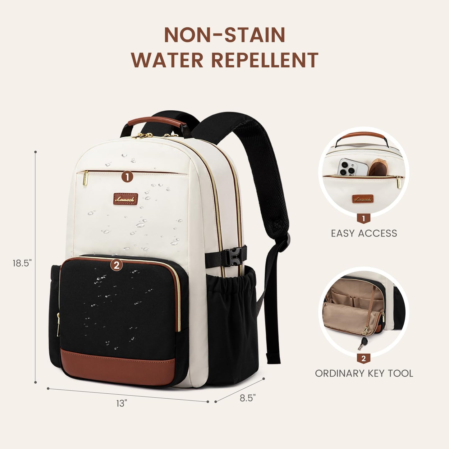 LOVEVOOK Laptop Backpack for Women with Pouch Pocket for Large Capacity Cup,17 Inch Laptop Computer Bag Travel Backpack Purse,Waterproof Work Business Backpack College Teacher Bags,Beige-Black-Brown
