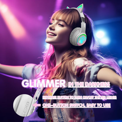 Mokata Gaming Bluetooth 5.0 Wireless Headphones Over Ear Cat Led Light Foldable Music Headset with Aux 3.5mm Microphone (Built-in) for Adult & Kids PC TV Game Music Pad Laptop Cellphone White