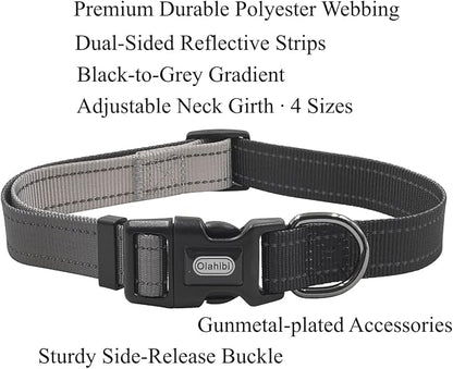 Dog Collar Leash Set, Gradient Color, with Safety Reflective Strips, 5 ft Matching Leash, Neoprene Padded Handle, Adjustable 4 Sizes for Small Medium Large Dogs.(S, Black Grey)