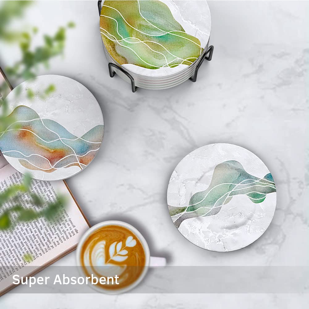 UMIRRO Ceramic Stone Coasters for Drinks Absorbent with Holder | Agate Style Coasters Set with White Marble Texture Background | Cool Cup Mat with Geode Pattern | Unique Fancy Tabletop Protection Mat