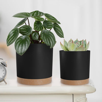 YNNICO Plant Pots with Drainage Holes and Saucers – 7, 6.5, 6, 5, 4 Inch Plastic Planters for Indoor Outdoor Plants, Modern Matte Finish, Lightweight & Durable（Black）