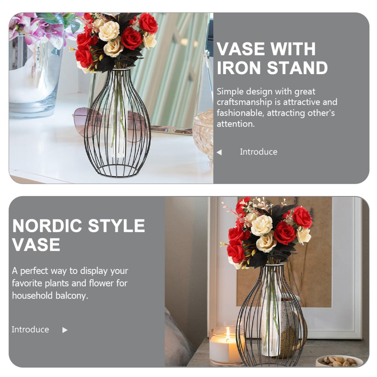 Garneck Geometric Iron Frame Vase with Small Glass Propagation Tubes, Hydroponic Planter for Home Décor, Nordic Style Desk Terrarium Plant Holder with Black Metal Stand