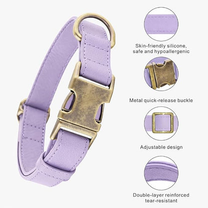 Silicone Dog Collar and Leash Set, Waterproof & Odor-Proof Puppy Collar for Small Dogs, Soft Flexible Leather-Look Dog Collars, Durable Thick Adjustable Pet Collar (Purple, Large (16-24.5" Neck))