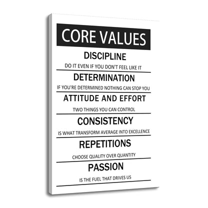 Core Values Motivational Wall Art Canvas Poster Black and White Inspirational Painting Print Artwork for Living Room Office Gym Modern Home Wall Decor Artwork Framed Ready to Hang [24''W x 36''H]