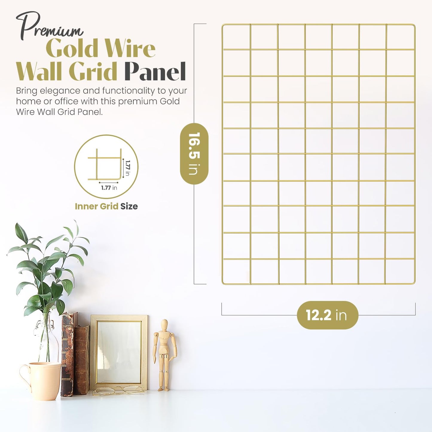 CIKLCIX Wire Grid Wall Panel for Photo Display, 2 Pack Metal Wire Memo Board, Decorative Grid Frame Wall for Hanging Pictures, Notes, Postcards, Small Ornaments (2, Gold)