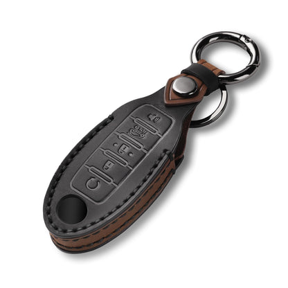 QBUC for Nissan Genuine Leather Key Fob Cover Protective Case with Keychain for Rogue Pathfinder Murano Armada Frontier Sentra Altima Versa Titan Maxima Titan Xterra 5-Buttons(Black Leather)
