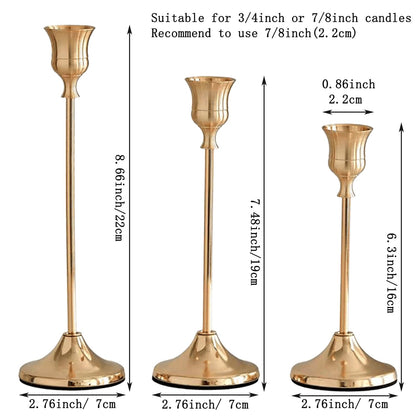 3 Sets(9 Pcs) Gold Candlestick Holders - Brushed Metal Taper Candle Holders with Anti-Slip Base, Vintage Brass Candle Stick Holder for Wedding Centerpieces, Dining Table, Fireplace & Mantel Dec