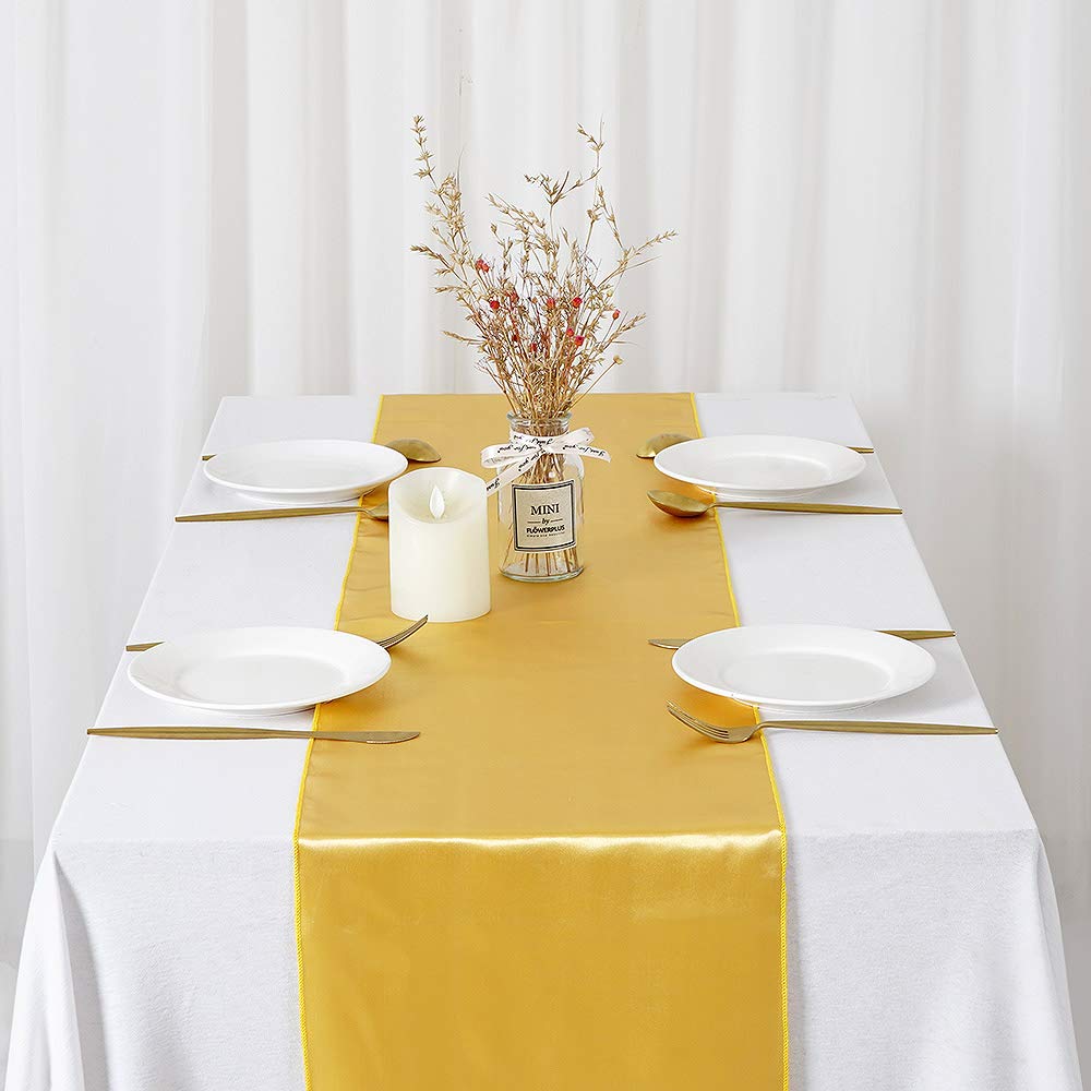Set of 5 Satin Table Runners Gold 12x108 inch Table Runner for Party Wedding Reception Banquet Decoration Bright Silk Smooth Fabric Party Chair Sashes