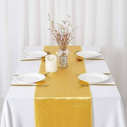 Set of 5 Satin Table Runners Gold 12x108 inch Table Runner for Party Wedding Reception Banquet Decoration Bright Silk Smooth Fabric Party Chair Sashes
