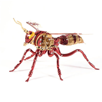 Gold-Plated Metal Bee Model Kit - 3D Stainless Steel Mechanical Insect Puzzle for Adults - Steampunk Bionic Wasp Sculpture - Executive Desktop Art and Stress Relief Gift（Bee-Red-Gold