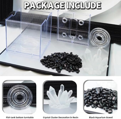 Mini Betta Fish Tank, Stackable Small Fish Bowl for Desktop Decoration, 0.2 Gallon 360° Rotatable Tiny Aquarium Kit with Gravels & Resin Crystal Cluster for Sea Monkey, Shrimp