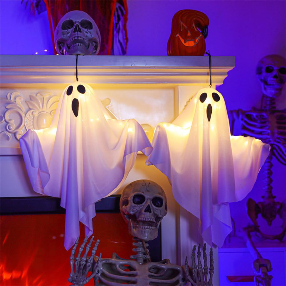 4Packs Halloween Ghost Decorations Halloween Hanging Ghosts with Light Strings String Lights Battery Operated Halloween Decor Spooky Ghost Ornaments for Home Tree Garden Yard (White)