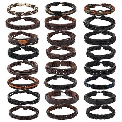 PINKPIN 24Pcs Adjustable Braided Leather Bracelets for Men Women Wrap Cuff Bracelet Cords Ethnic Tribal Handmade Wrap Wristband Bracelets Set