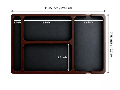 Wooden Valet Tray with Leather Inlay, Office Desk Organizer Tray, Nightstand Storage Tray, Multi-Purpose EDC Jewelry Storage Tray for Keys, Wallet, Watch, Phone & Earbuds (wood)