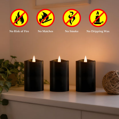 Woocodowe Black Pillar Flameless Candles - 3D Flickering, Remote Timer, Battery Operated, 600+ Hours, Halloween & Gothic Themed Decor (Black, 3"*4"-3pcs)